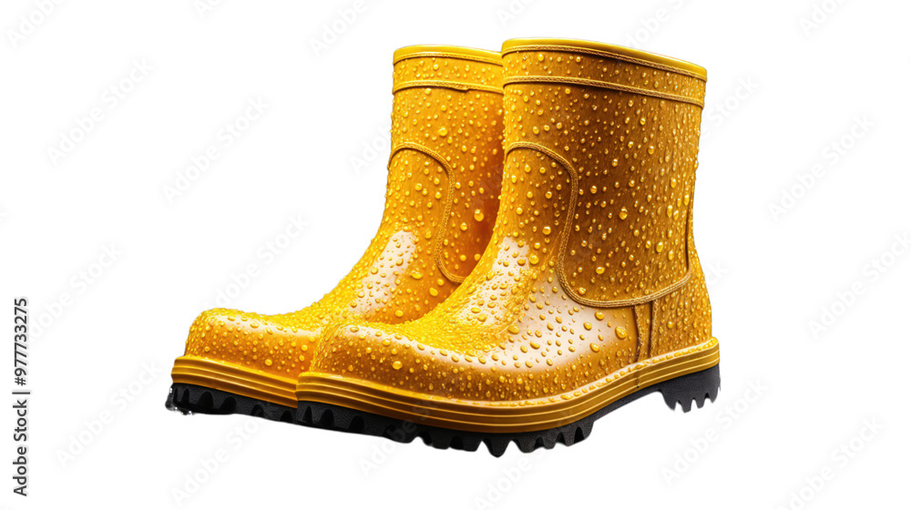 Yellow rain boots with water drops, realistic rubber boots for rainy days