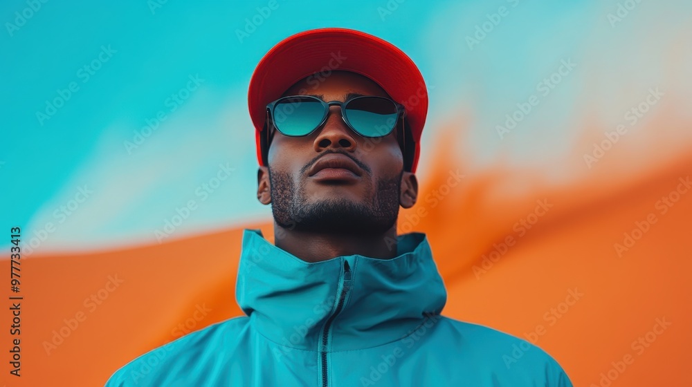 A man wearing sunglasses and a red hat stands outdoors against a vibrant, colorful backdrop reflecting a sense of style and modern fashion, under a clear sky. A man wearing sunglasses and a red hat stands outdoors against a vibrant, colorful backdrop reflecting a sense of style and modern fashion, under a clear sky.