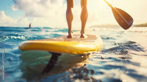 A person paddleboarding on a calm ocean with the sun setting in the background photo