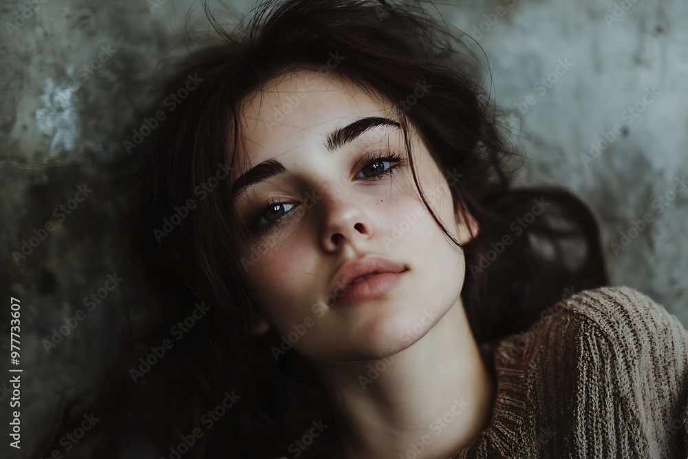 Portrait of young woman with dark hair and eyes, looking thoughtful Portrait of young woman with dark hair and eyes, looking thoughtful