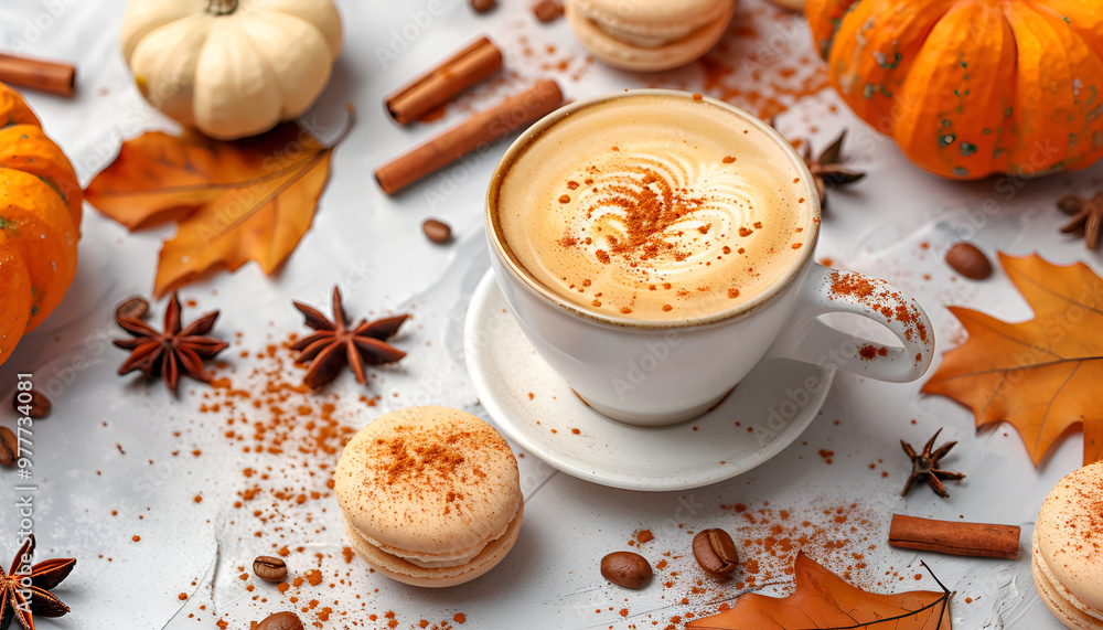 Autumn cup of pumpkin latte in shape of pumpkin among pumpkins, macaroons and maple leaves. Atmospheric cozy coffee time Autumn cup of pumpkin latte in shape of pumpkin among pumpkins, macaroons and maple leaves. Atmospheric cozy coffee time