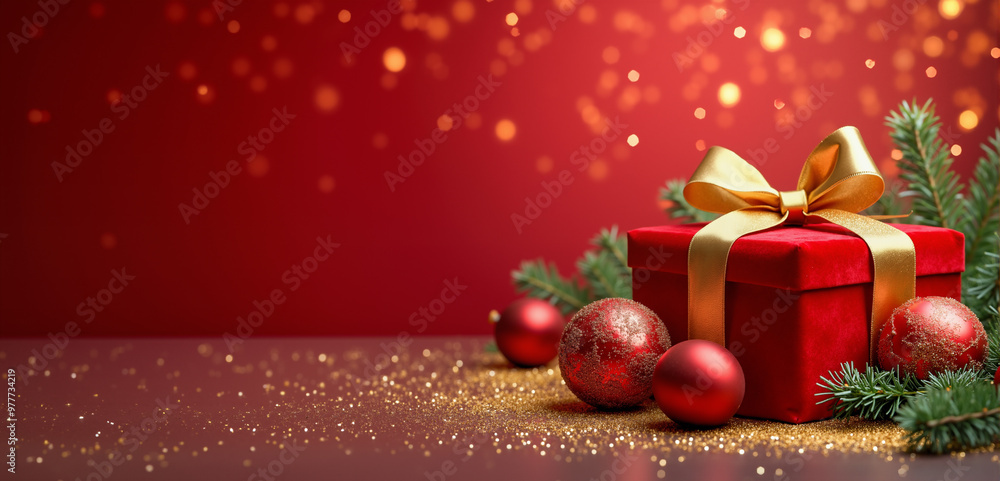 Elegant red velvet Christmas gift with gold ribbon, surrounded by red ornaments and pine branches against a festive red background Elegant red velvet Christmas gift with gold ribbon, surrounded by red ornaments and pine branches against a festive red background