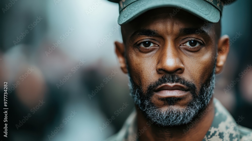 A soldier with a graying beard stares intently forward in camo uniform, embodying experience, resilience, and dedication in a military framework. A soldier with a graying beard stares intently forward in camo uniform, embodying experience, resilience, and dedication in a military framework.