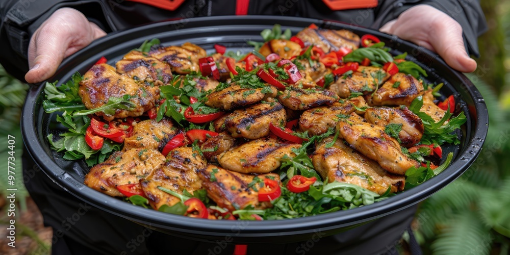 A vibrant display of grilled chicken on a colorful platter surrounded by fresh greens and peppers A vibrant display of grilled chicken on a colorful platter surrounded by fresh greens and peppers