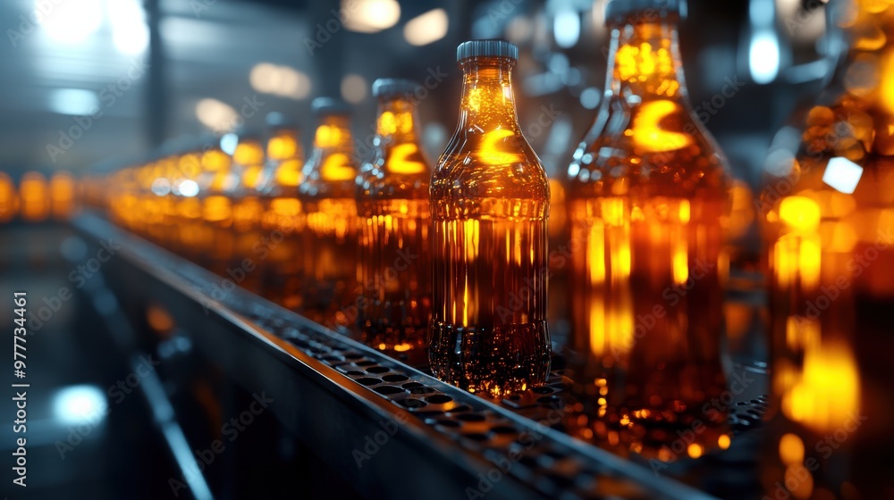 Close-up view of amber bottles on a production line, reflecting light in a modern beverage manufacturing facility. Close-up view of amber bottles on a production line, reflecting light in a modern beverage manufacturing facility.