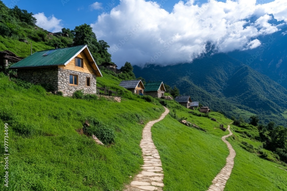 Obraz premium Authentic mountain village life is seen in a photo of stone cottages nestled in untouched hills