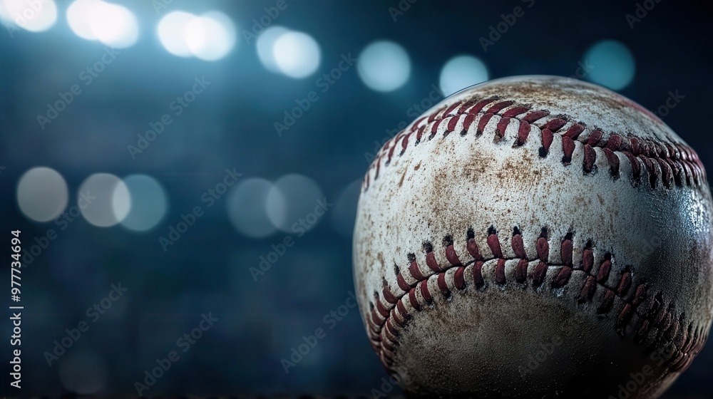 closeup of weathered white baseball with red stitching under dramatic stadium lights capturing intensity of night game atmosphere on field closeup of weathered white baseball with red stitching under dramatic stadium lights capturing intensity of night game atmosphere on field