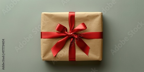 Minimalistic wrapped present with a red ribbon on a muted background for any celebration