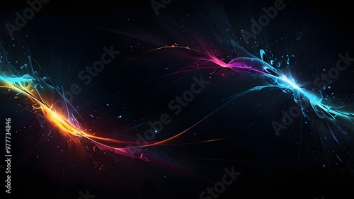 A vibrant abstract background with glowing stars and swirling waves of energy in space featuring dynamic blue and black hues with futuristic lights and bright plasma lines in motion