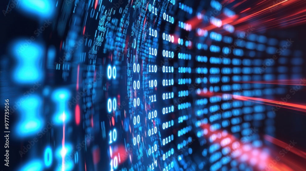 Obraz premium Abstract digital data streams with blue and red light effects, representing technology and information flow.