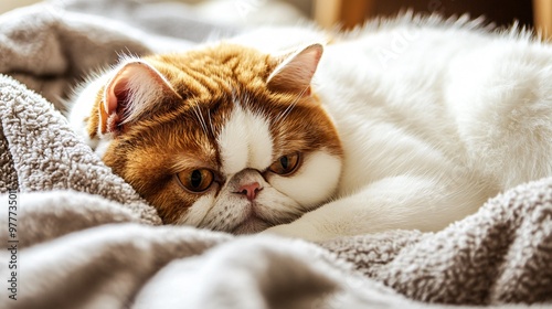 An Exotic Shorthair cat lounging on a soft blanket, its round face and chubby cheeks emphasized, creating a sense of calm and comfort photo