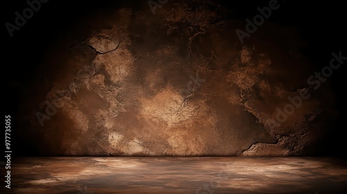 A dark room with a wall that has a lot of cracks and a hole in it