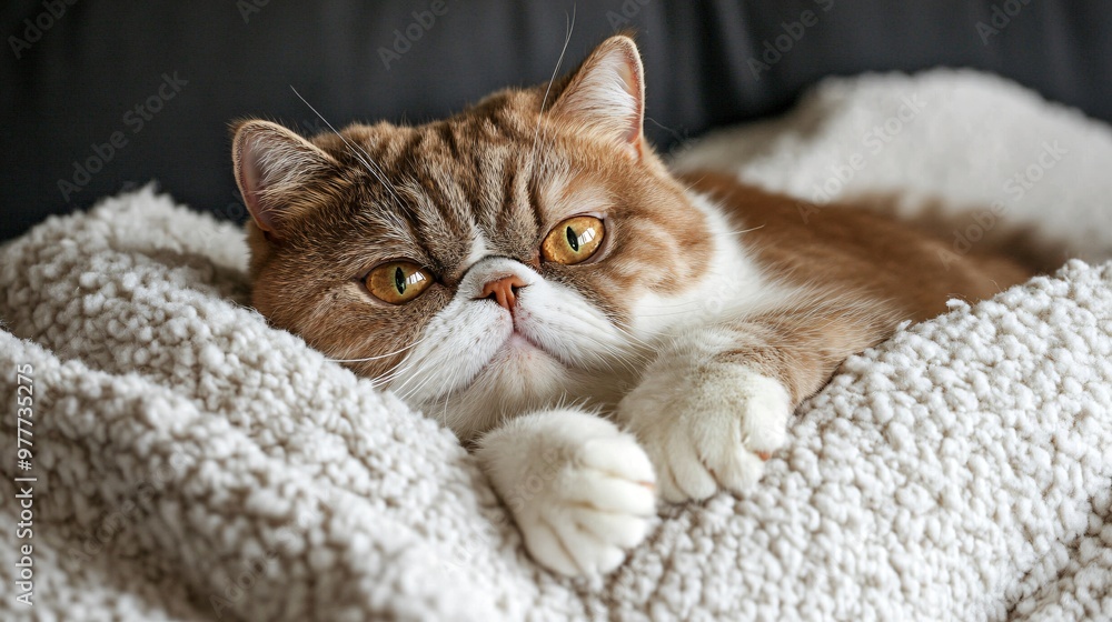 An Exotic Shorthair cat lounging on a soft blanket, its round face and chubby cheeks emphasized, creating a sense of calm and comfort An Exotic Shorthair cat lounging on a soft blanket, its round face and chubby cheeks emphasized, creating a sense of calm and comfort