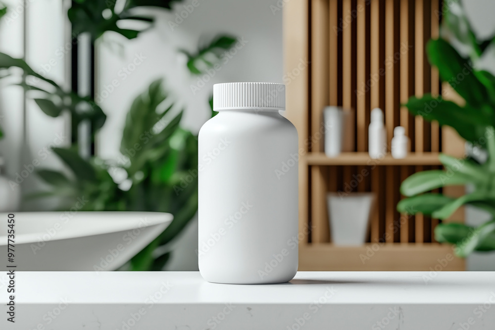 Minimalistic mockup image featuring a blank, white plastic bottle with a screw cap placed on a countertop in a modern bathroom setting with green plants and shelves in the background. Minimalistic mockup image featuring a blank, white plastic bottle with a screw cap placed on a countertop in a modern bathroom setting with green plants and shelves in the background.
