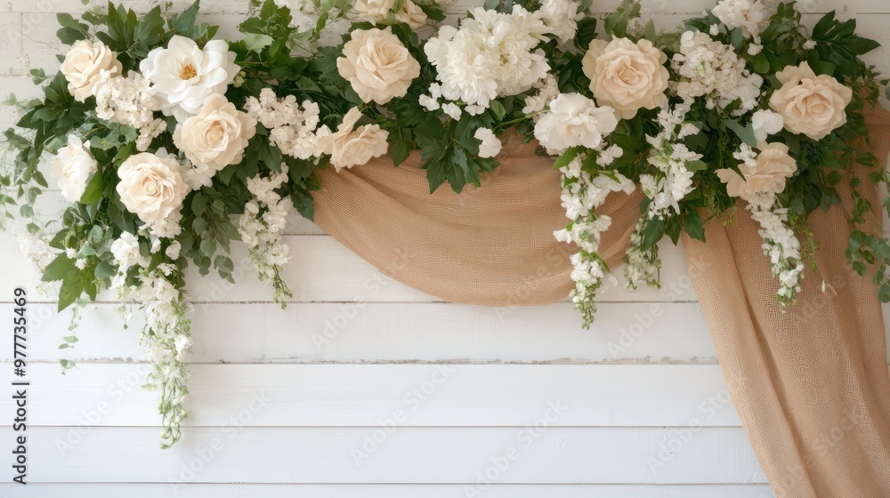 A white curtain with a floral design is hanging from a wooden frame. The curtain is made of brown fabric and has a gold trim A white curtain with a floral design is hanging from a wooden frame. The curtain is made of brown fabric and has a gold trim