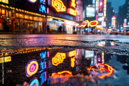 Bokeh background featuring neon signs reflected in puddles on a rainy night in the city