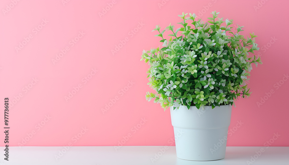 Beautiful artificial plant in flower pot on color background, space for text Beautiful artificial plant in flower pot on color background, space for text