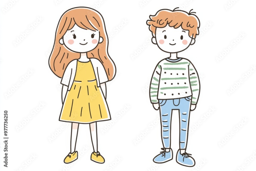 Cute cartoon illustration, colorful line drawing, children boy and girl, clean pure white background, like a hand-drawn, easy to cut out Cute cartoon illustration, colorful line drawing, children boy and girl, clean pure white background, like a hand-drawn, easy to cut out
