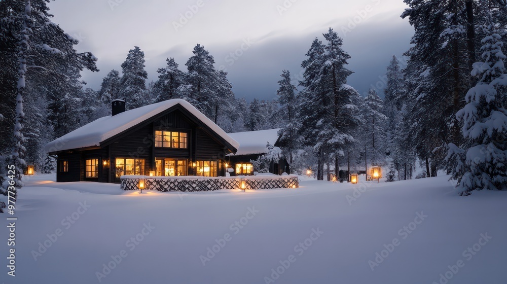 A large house with a black roof and a white trim sits in a snowy field. The house is lit up with lights, creating a warm and inviting atmosphere. The snow-covered landscape adds to the peaceful A large house with a black roof and a white trim sits in a snowy field. The house is lit up with lights, creating a warm and inviting atmosphere. The snow-covered landscape adds to the peaceful