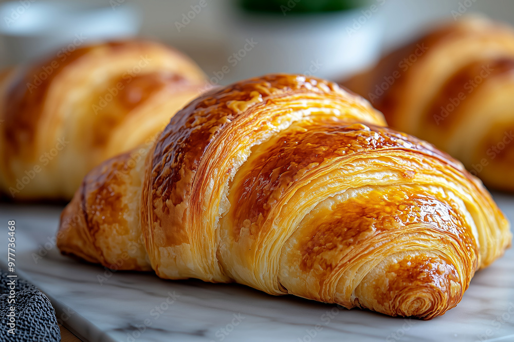 Freshly baked golden croissants on a light background. Freshly baked golden croissants on a light background.