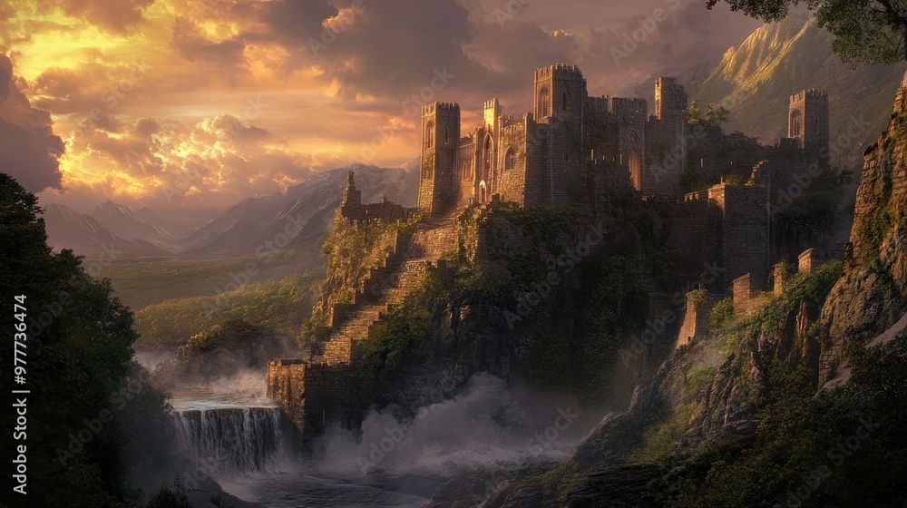 A Majestic Stone Castle Perched on a Clifftop with a Waterfall Cascading Downward A Majestic Stone Castle Perched on a Clifftop with a Waterfall Cascading Downward