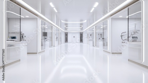 A large, empty, white room with a long hallway. The walls are made of glass and the floor is made of white tile. The room is very clean and sterile, giving off a feeling of emptiness and coldness