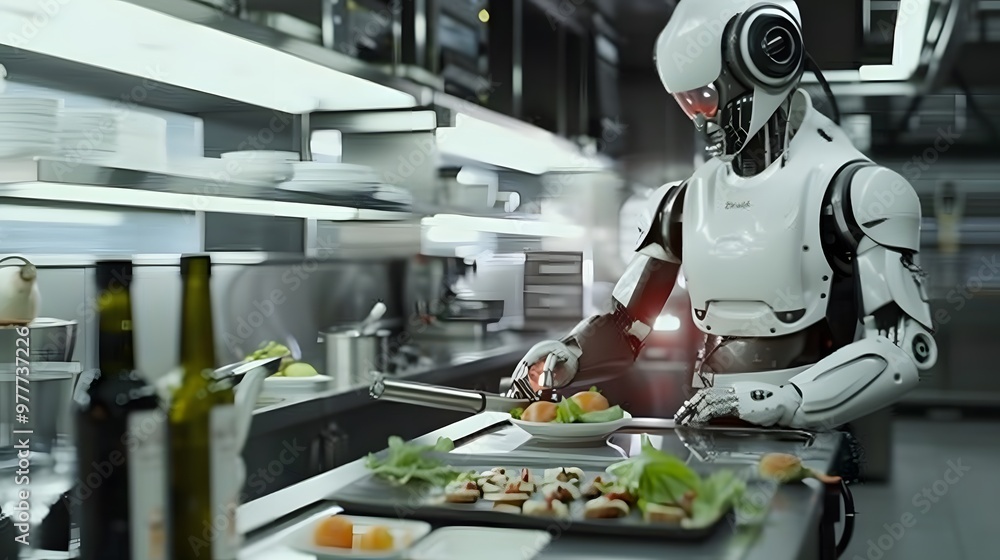 Fototapeta premium Robot Chef: A robot chef expertly preparing a gourmet meal in a high-tech kitchen.