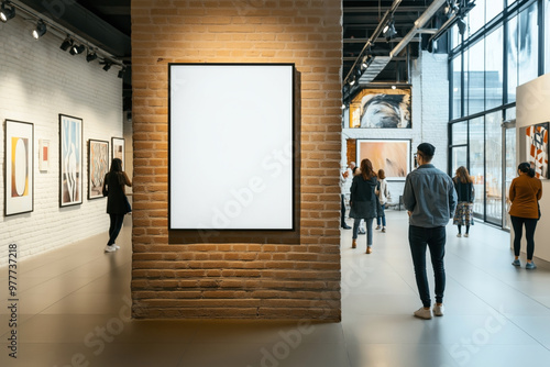 A modern art gallery featuring a brick wall with a large blank picture frame mockup in the center. Visitors are viewing various artworks on display across the gallery.