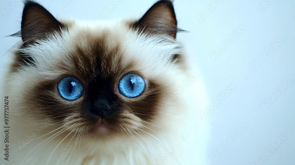 A close-up of a Himalayan cat's face, highlighting its unique features and vibrant blue eyes against a plain pastel background A close-up of a Himalayan cat's face, highlighting its unique features and vibrant blue eyes against a plain pastel background