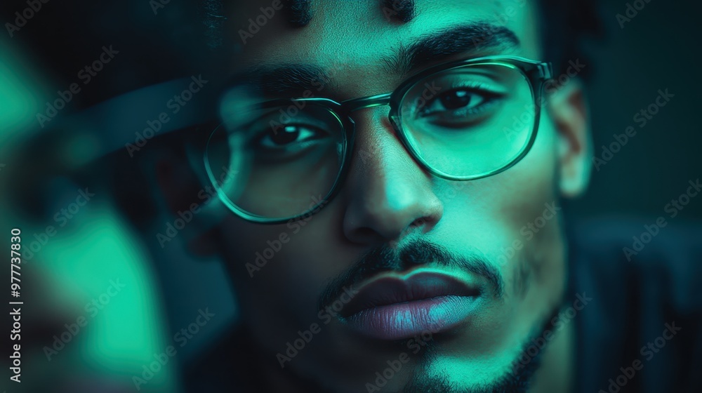 A young man in stylish glasses is captured in dramatic, teal lighting, exhibiting a sense of mystery and introspection, adding depth to the moody portrait. A young man in stylish glasses is captured in dramatic, teal lighting, exhibiting a sense of mystery and introspection, adding depth to the moody portrait.