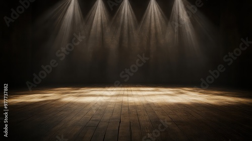 A stage with lights shining on it. The lights are on a wooden floor