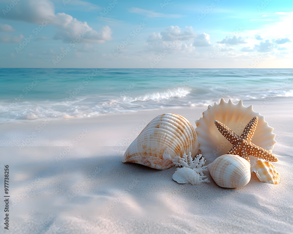 Various seashells placed on white sandy beach with a blue sea as a backdrop, conveys natural beauty and connection to the sea. It can be used in works that wish to convey sense of relaxation, travel Various seashells placed on white sandy beach with a blue sea as a backdrop, conveys natural beauty and connection to the sea. It can be used in works that wish to convey sense of relaxation, travel