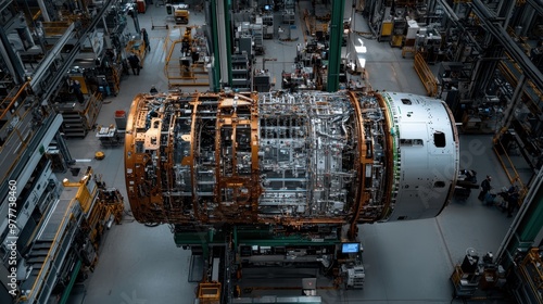 A highly detailed view of an aircraft turbine in a factory setting showcasing complex engineering, precision manufacturing, and advanced technological innovation. photo