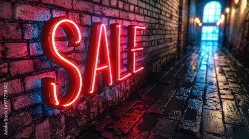 Wallpaper Mural Neon SALE sign illuminating a brick alleyway during a vibrant evening Torontodigital.ca