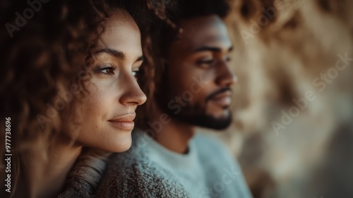 A contemplative couple gazes thoughtfully in a rustic cave, fostering a deep sense of introspection and connection amidst the natural surroundings.