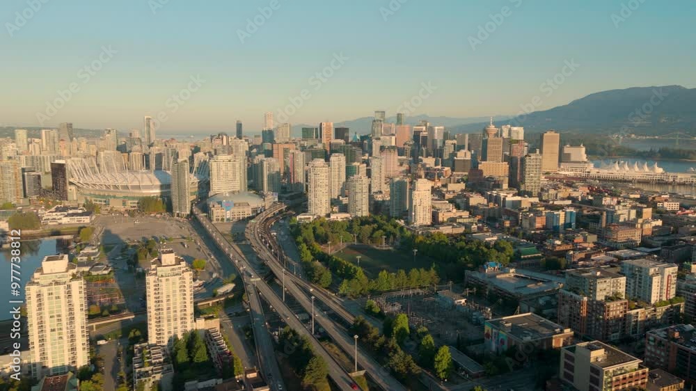 A sweeping aerial pan from downtown Vancouver toward Coal Harbour and the North Shore A sweeping aerial pan from downtown Vancouver toward Coal Harbour and the North Shore