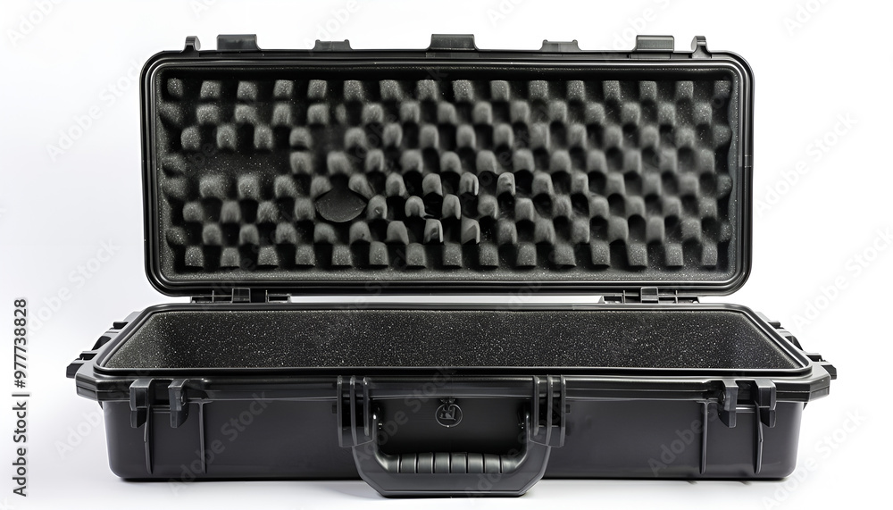 Open black plastic case with foam inside. Weapon case isolate on white background Open black plastic case with foam inside. Weapon case isolate on white background