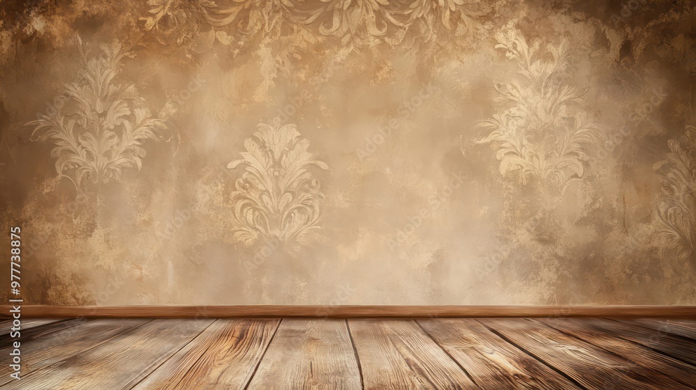 A wooden floor with a wall behind it. The wall has a floral pattern. The room is empty A wooden floor with a wall behind it. The wall has a floral pattern. The room is empty