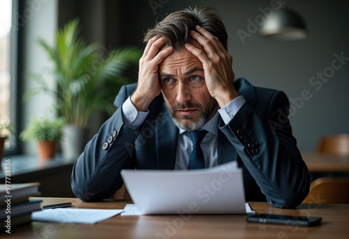 A man in a suit is sitting at a desk with a piece of paper in front of him