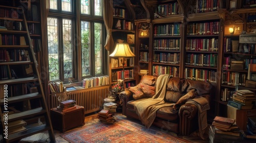 A photo of a cozy home library, 50 keywords