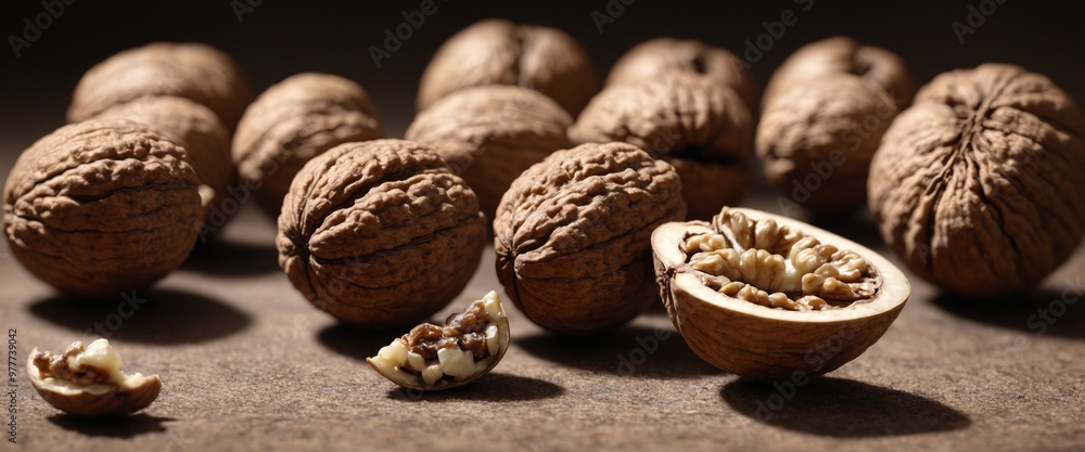 Walnuts on wooden rustic table. Autumn harvest. Walnuts on wooden rustic table. Autumn harvest.