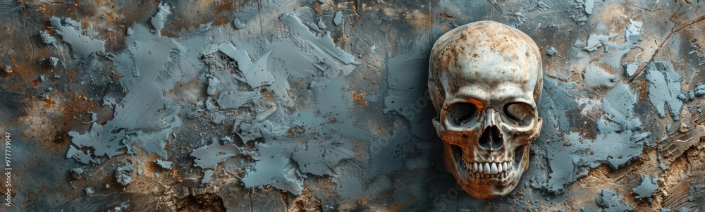 Fototapeta premium Skull hanging on a wall with rust, banner, copy space