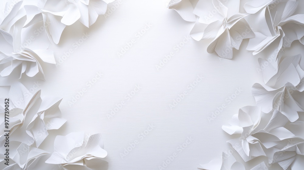 A white background with white flowers in the center. The flowers are made of paper and are arranged in a way that they look like they are floating A white background with white flowers in the center. The flowers are made of paper and are arranged in a way that they look like they are floating