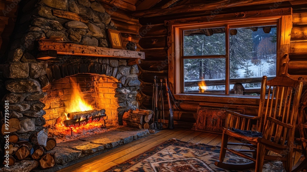 A photo of a cozy fireplace in a cabin, 50 keywords A photo of a cozy fireplace in a cabin, 50 keywords