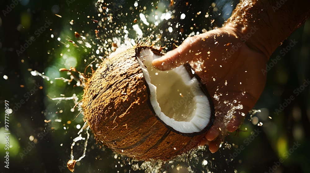Hand Smashing a Coconut: A hand smashing a coconut, with the shell breaking and juice spilling.
Hand Smashing a Coconut: A hand smashing a coconut, with the shell breaking and juice spilling.