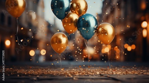 Wallpaper Mural Realistic Festive background with golden and blue balloons falling confetti blurry background and a bokeh lights. Torontodigital.ca