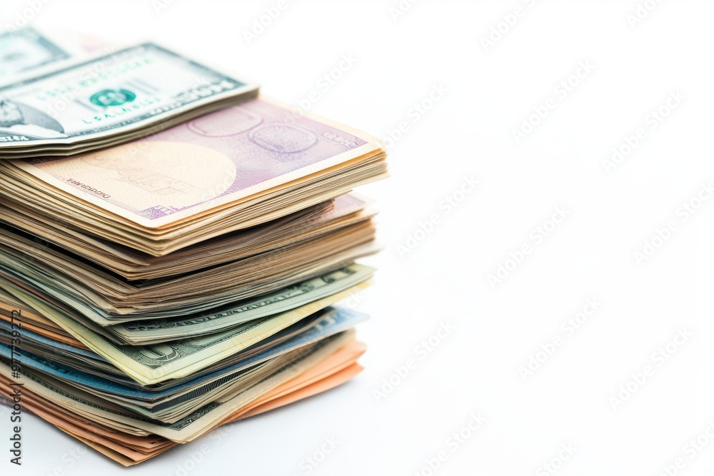A stack of international currency bills in various denominations, global finance theme, isolated on white background A stack of international currency bills in various denominations, global finance theme, isolated on white background