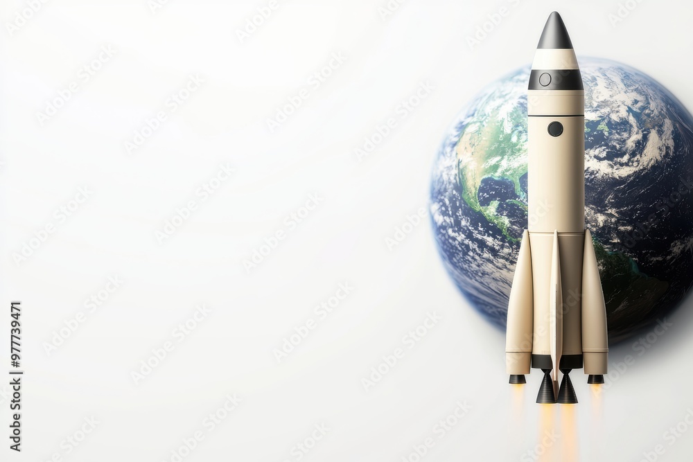 A rocket with the Earth in the background, symbolizing global exploration and space travel, isolated on white background A rocket with the Earth in the background, symbolizing global exploration and space travel, isolated on white background