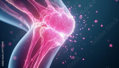 A visual representation of cartilage regeneration inside the knee joint after orthopedic gel injections, with glowing particles symbolizing healing