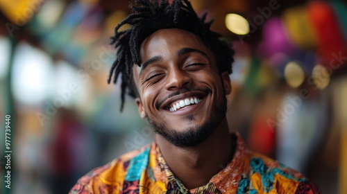 A joyful man in a lively, colorful shirt smiles broadly, radiating positivity and warmth in a bustling vibrant context, embodying happiness and optimism.